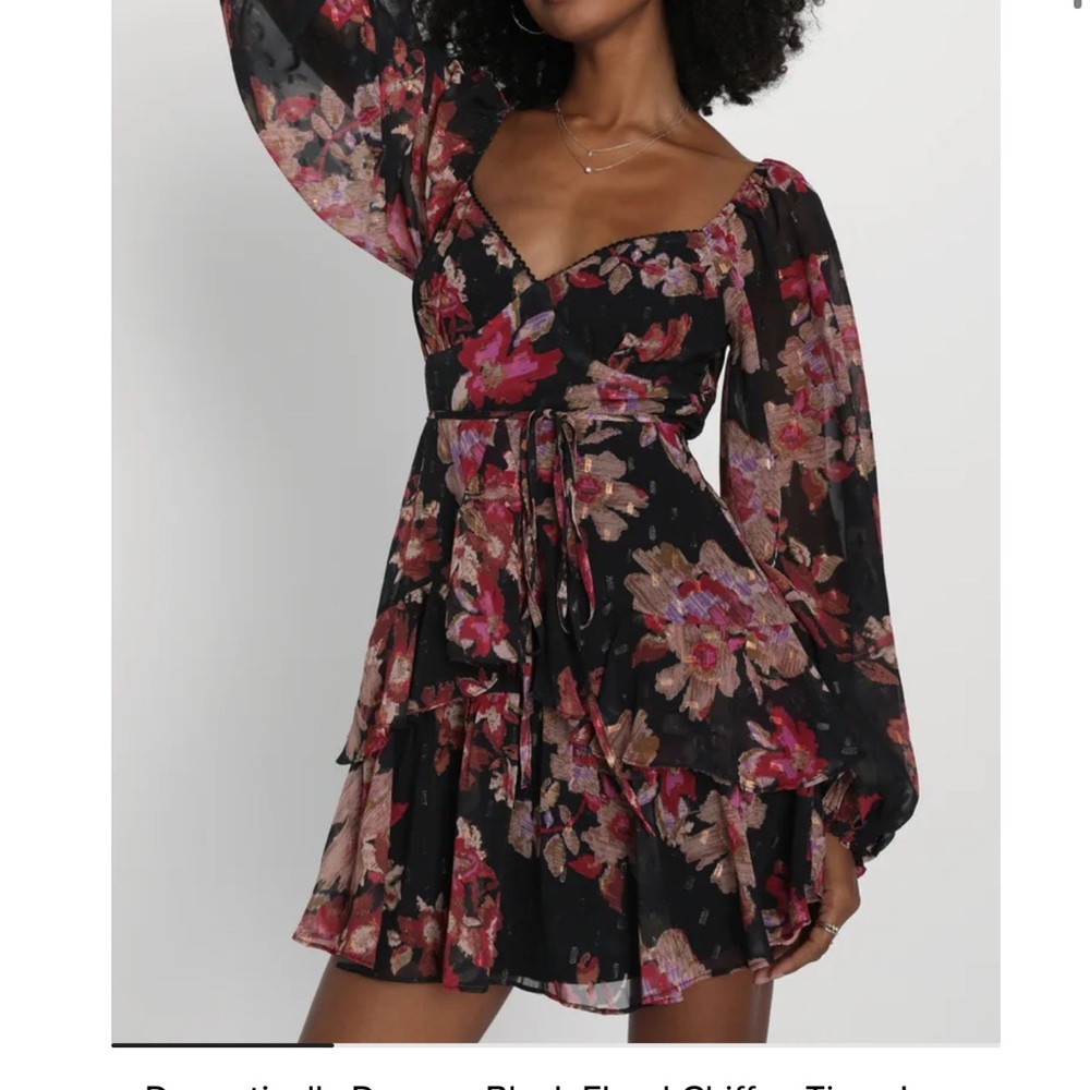 Lulu's Pink and Red Floral Fit and Flare Dress with Bishop Sleeves
